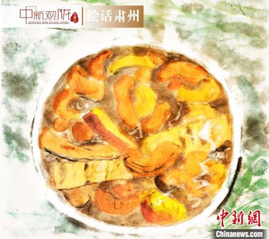 圖為酒泉美食“糊鍋”繪畫(huà)作品。　杜興彥 攝
