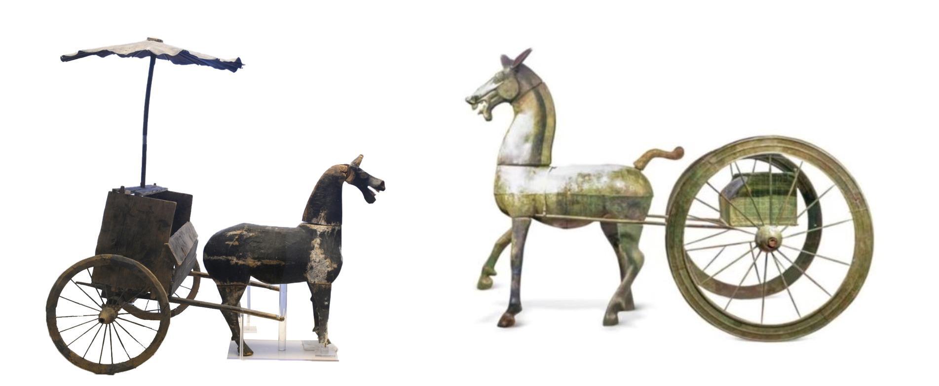 △左為漢代木軺車，藏于青海省博物館；右為東漢銅車馬，藏于黔西南州博物館。