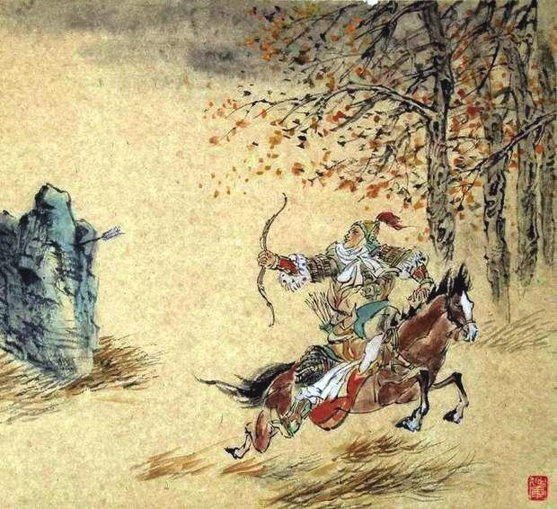 “林暗草驚風(fēng)，將軍夜引弓。”畫作